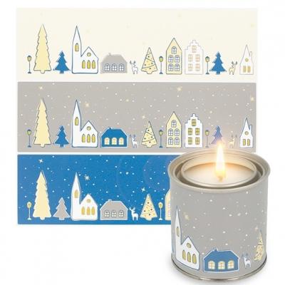 STICKERS VILLAGE ENNEIGÉ TONS BLEUS POUR BOUGIES EN CONSERVE